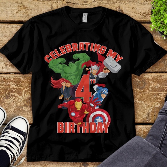 Marvel Avengers Celebrating My 4th Birthday Custom Birthday Unisex Tee T-shirt - Picture 1 of 2